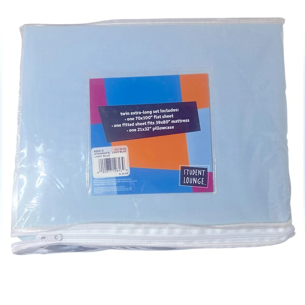 Light Blue Extra Long Twin Sheet Set with 1 Flat & 1 Fitted Sheet & Pillowcase.